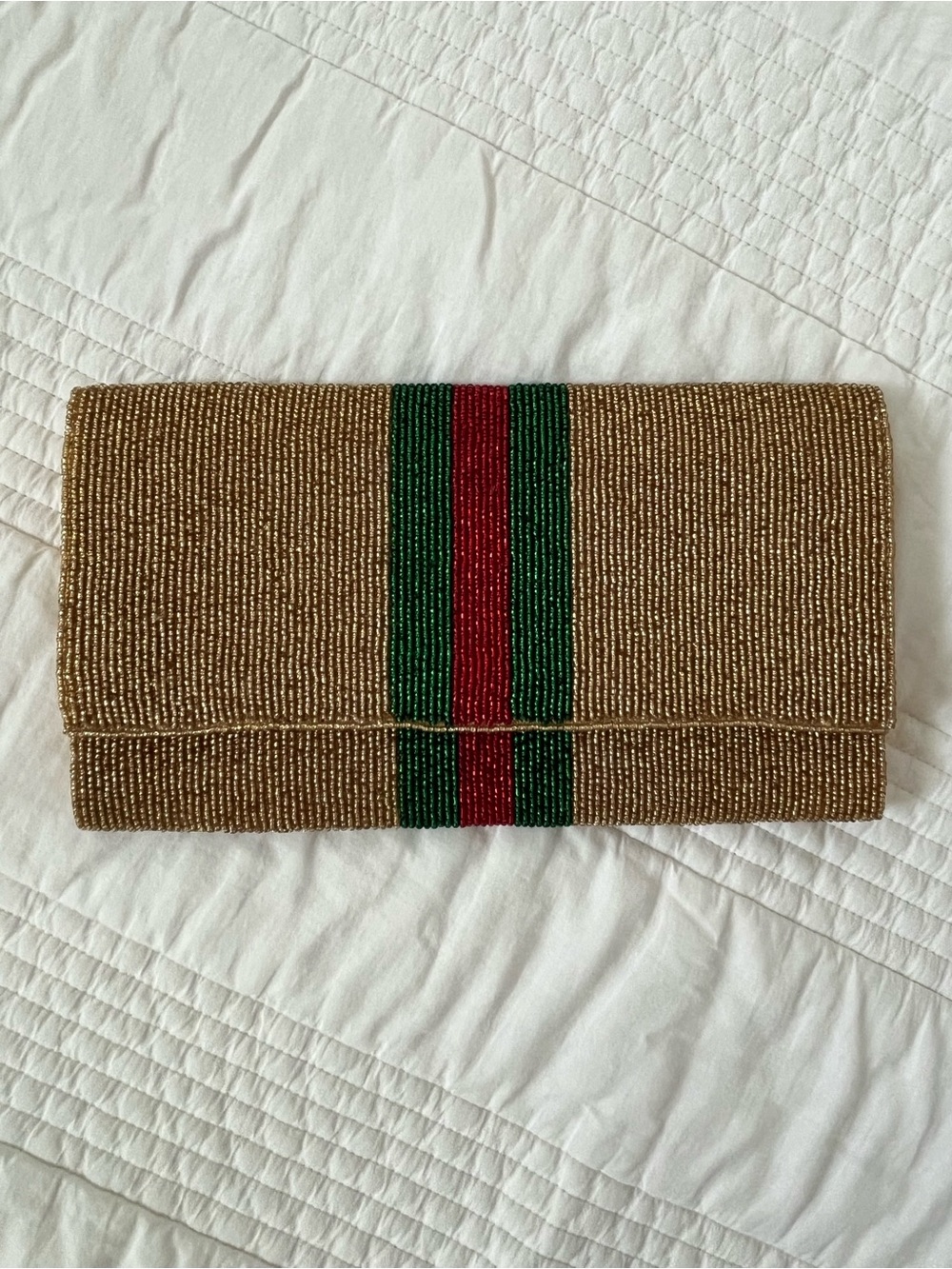 Gold Beaded Clutch with Green & Red Stripe